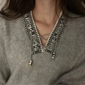 Gray Moher Knit Sweater with Patterned Trim